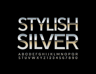 Vector Stylish Silver Alphabet set. Uppercase metal Font. Chrome shiny Letters, Numbers and Symbols