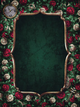 Alice In Wonderland. Red  Roses And White Roses Background And Gold Frame. Clock And Key.