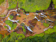 Aerial View Of Golden Waterfall. Nature Landscape Of Jinguashi In Ruifang Area. It Is Located In New Taipei City, Taiwan For Travel Trip Background, Tourist Attraction.