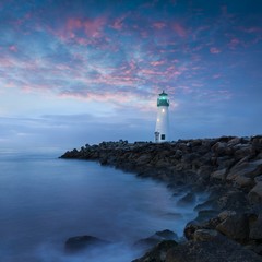 Wall Mural - Santa Cruz Breakwater Light (Walton Lighthouse) in Santa Cruz at colorful sunrise, Pacific coast, California, USA Beautiful seascape background 