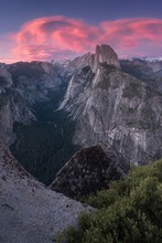 Half Dome And Yosemite Valley In Yosemite National Park During Colorful Sunrise With Trees And Rocks. California, USA Sunny Day In The Most Popular Viewpoint In Yosemite Beautiful Landscape Background