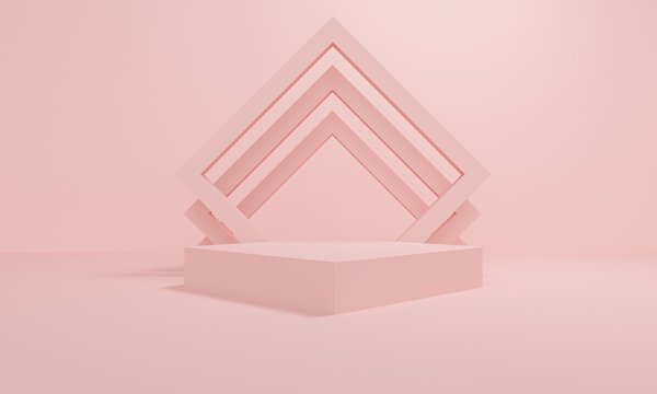 Geometric pink abstract background with square platform and frame. Minimalist backdrop design for product promotion. 3d rendering