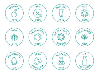 Poster - Vector set of design elements, logo design templates, icons and badges for natural and organic cosmetics packaging in trendy linear style