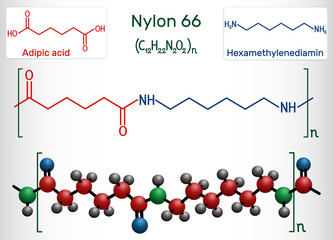 Poster - Nylon 66 or nylon molecule. It is plastic polymer. Structural chemical formula and molecule model