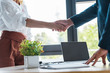 selective focus of employee and recruiter shaking hands near green plant