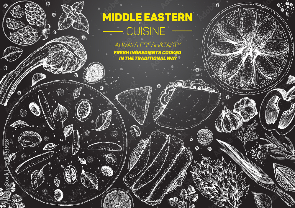 Manakis Vector Middle eastern cuisine top view frame. Food menu design with manakish ...