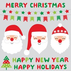 Poster - Santa Claus faces and Christmas decoration, set