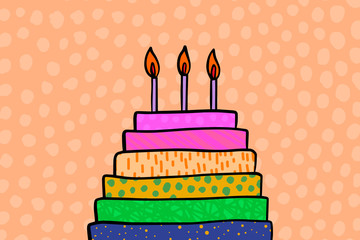 Leinwandbilder - Birthday cake hand drawn vector illustration, happy celebrating, kids holiday, sweet dessert