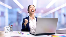 Excited Female Worker Showing Yes Gesture, Successful Agreement, Achievement