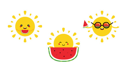 Wall Mural - Set, collection of cute and smiling sun characters holding different slices of watermelon in hands, concept of summer healthy and tasty food, start of watermelon season.