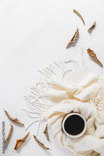 Foto-Schmutzfangmatte - Autumn, fall concept. Cup of coffee, scarf and dried leaves on gray background. Autumn composition. Flat lay, top view, copy space (von Yura Yarema)