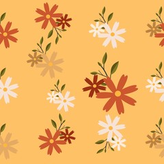 Wall Mural - The Seamless pattern of flower and leaf on background. The seamless pattern flower. Seamless pattern leaf. shape of leaf.flower on orange background. white and red flower in flat vector style.