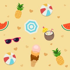 Wall Mural - The seamless pattern of summer set pack. pattern of sun glasses , umbrella, watermelon,pineapple,beachball,coconutcocktail and icecream on the background.cute flat vector design style.