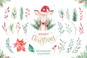 Watercolor cute cartoon deer animal portrait design. Winter holiday card on white background. New year fawn decoration, merry christmas postcard