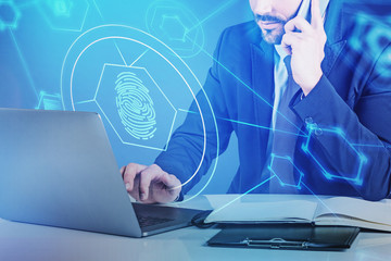 Poster - Man on phone with laptop, online security