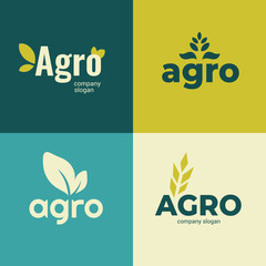 Set of signs for Agriculture company,farming icons with slogan. Vector illustrations with Agro and leaves. Identity for Agricultural business. Design elements for banners,branding, advert,emblem,label