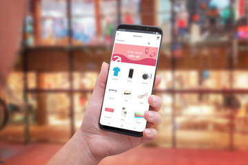 Poster - Grab deals, discount banner on the online store app. Woman buy the online concept. City Mall, a shopping center in the background.