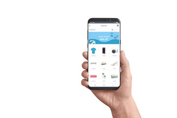 Poster - Isolated smart phone in hand with online store app. Concept of flat design app with grab deals ad and product categories.