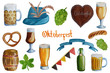 Oktoberfest set with elements, symbols and icons collection. watercolor hand drawn illustration