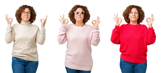 Sticker - Collage of middle age senior woman wearing winter sweater over white isolated background relax and smiling with eyes closed doing meditation gesture with fingers. Yoga concept.