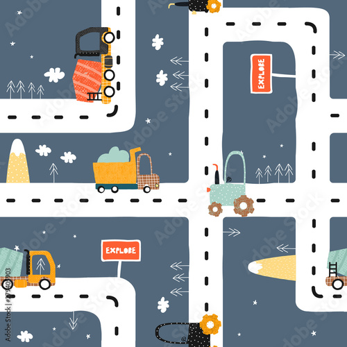 Fotomural Seamless pattern with road? truck and tractor
