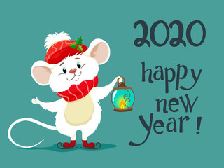 Wall Mural - Cute white mouse in a scarf and a red hat, a symbol of 2020. Ratatouille Vector character in cartoon style. Handwritten