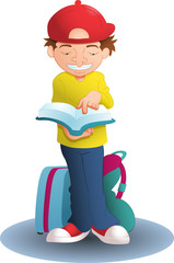 illustration of a boy reading guiding book for traveling on isolated white background