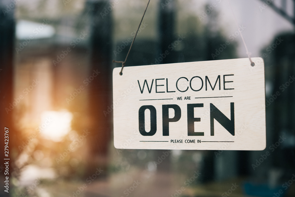  "Open" on cafe or restaurant hang on door at entrance. - obrazy, fototapety, plakaty 