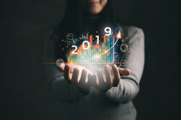 Poster - 2019 New year planning business and financial concept.Businesswoman holding virtual screen of business graph.digital marketing and payment.