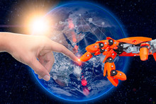 Robotic Engineering Connected To People For Future Around The World Concept. Elements Of This Image Furnished By NASA.