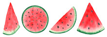 Slices Of Watermelon On White Background. Watercolor Hand-painted Illustration  Of Sweet Melon.