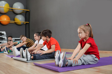 Wall Mural - Cute little children sitting on floor and doing physical exercise in school gym. Healthy lifestyle