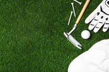 Flat Lay Composition With Golf Equipment On Artificial Grass, Space For Text