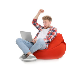 Poster - Emotional man with laptop on white background