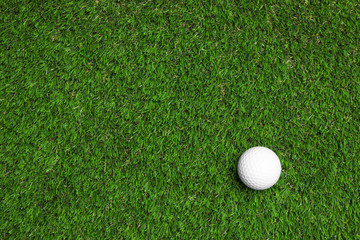 Canvas Print - Golf ball on green artificial grass, top view with space for text