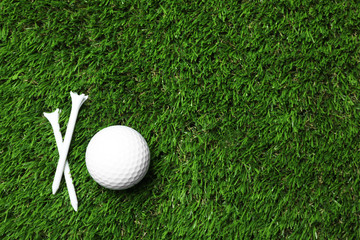 Poster - Golf ball and tees on artificial grass, top view with space for text