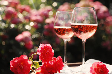 Sticker - Glasses of rose wine on table in blooming garden, space for text