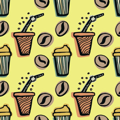 Drinks, coffee and tea, seamless pattern. Hand-drawn multicolored doodle vector illustration