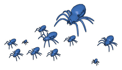 Wall Mural - Blue 3d spiders, illustration, vector on white background.