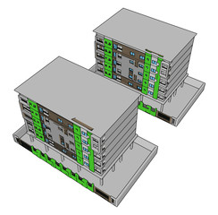 Poster - Green residential building, illustration, vector on white background.