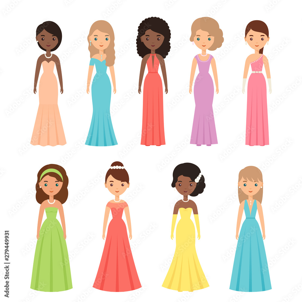 Woman character in evening dress. Vector. Girls standing in long dresses. Set young adult females isolated on white background. Party clothing in flat design. Boutique textile. Cartoon illustration. Stock Vector | Adobe Woman character in evening dress. Vector. Girls standing in long dresses. Set young adult females isolated on white background. Party clothing in flat design. Boutique textile. Cartoon illustration. Stock Vector | Adobe
