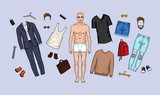 Fototapeta Młodzieżowe - Vector illustration of a set of clothes and accessories for men. Urban fashion wardrobe, casual style and business suit for men. A man with clothes, shoes, bags and hairstyle elements for games