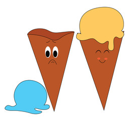 Sticker - Sad ice cream, illustration, vector on white background.