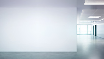 Aufkleber - Blank wall in bright office mockup with large windows and sun passing through 3D rendering