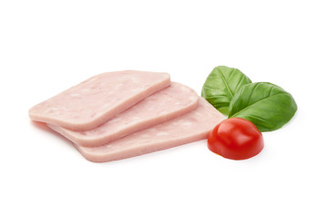 Sliced boiled ham sausage, close-up, isolated on white background