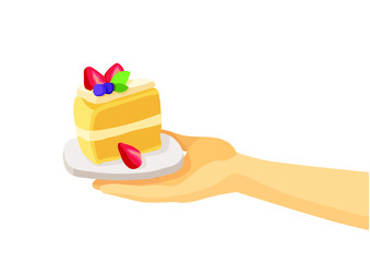 Wall Mural - cake strawberry on the plate in human hand on white background illustration vector 