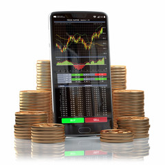 Poster - Mobile phone with forex application  on the screen and stacks of coins. Online stock trading, stock exchange and cryptocuurency concept background.
