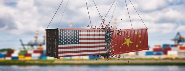 Wall Mural - USA and China trade war. Crushed containers, cloudy sky background, banner. 3d illustration