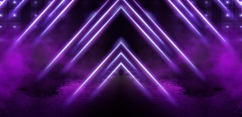 Wall Mural - dark street, night view, ultraviolet neon light. light rays reflected on wet pavement. smoke, could.
