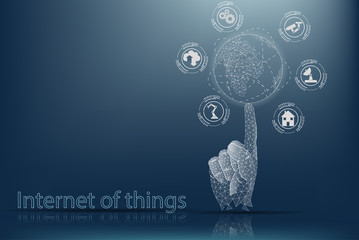 Poster - Internet of things (IOT). The concept of managing things via the Internet. The human hand holds the globe on its finger.